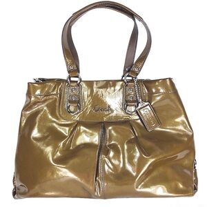 Coach Ashley Patent Leather Carryall Purse Crossbody Shoulder Bag Tan Gold Brown